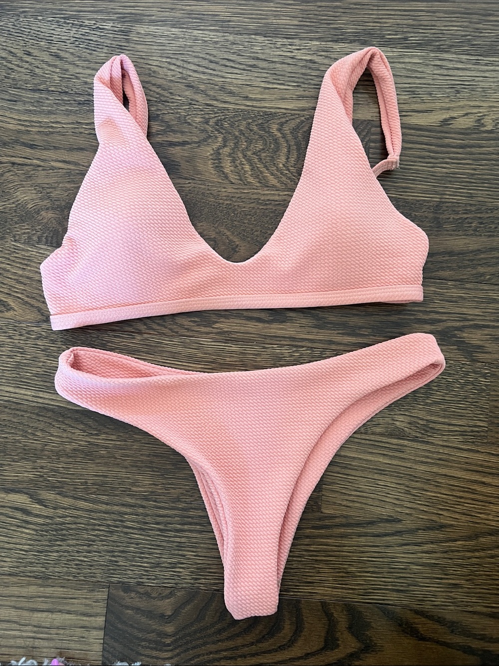 Textured Pink Bikini Set - V-Neck Top & High-Cut Bottoms
